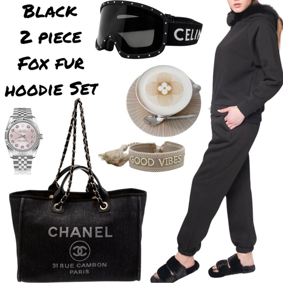 Black 2 Piece Fox Fur Jogger Set - Picture 1 of 7